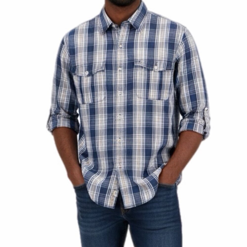 Izod Men's Plaid Button Up Shirt S Blue Pink Utility Roll Tab Long Sleeve Cotton